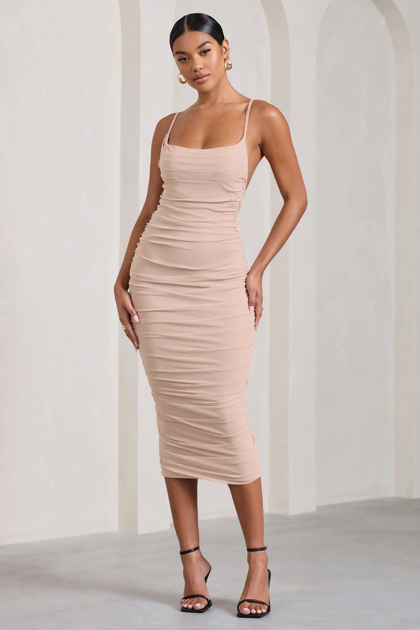 Bree | Nude Ruched Mesh Strappy Bodycon Midi Dress