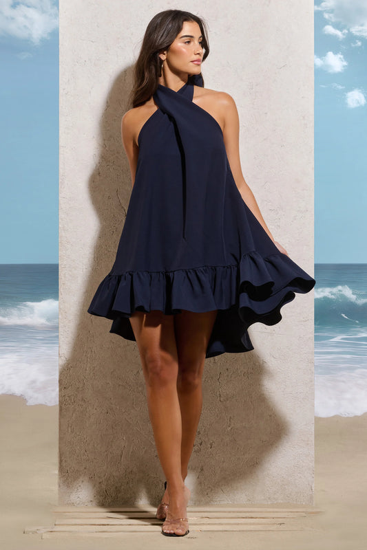 August | Navy Halter-Neck Smock Mini Dress