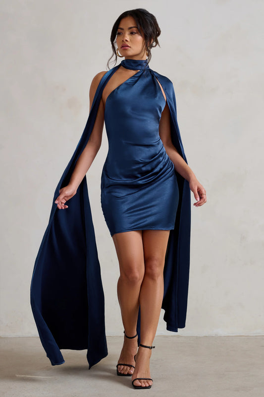 Laurelie | Navy Satin Statement Cape Design Mini Dress