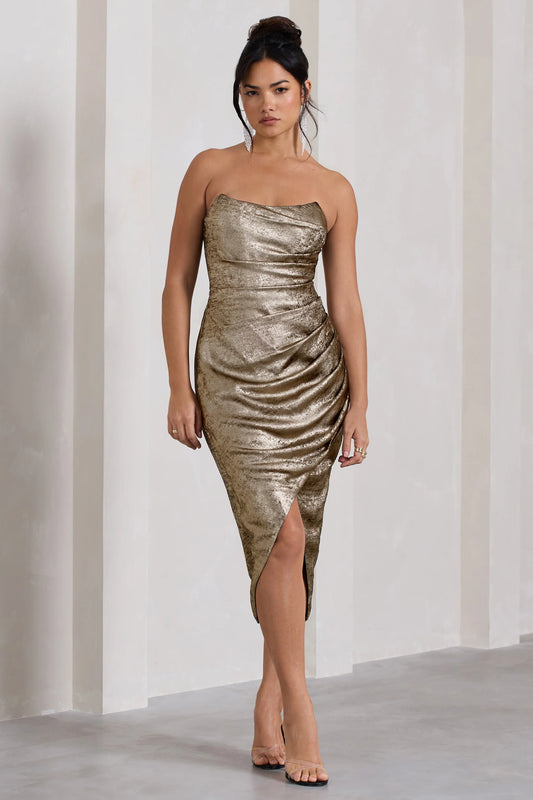 Blizzard | Gold Metallic Corset Wrap Midi Dress