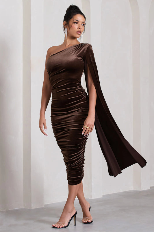 Gianna | Chocolate Velvet One Shoulder Cape Bodycon Midi Dress