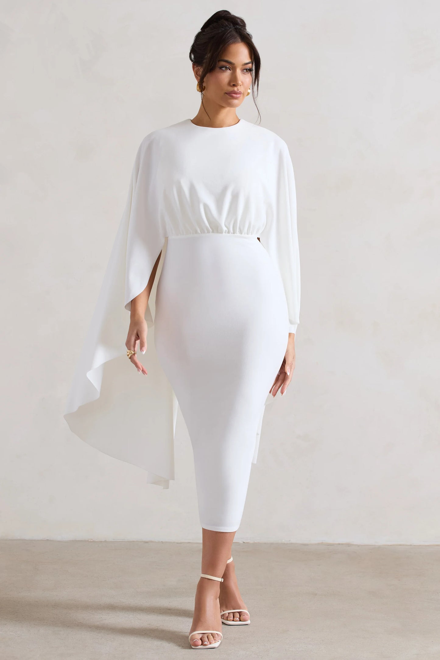 Tranquility | White Gathered Midi Dress With Cape