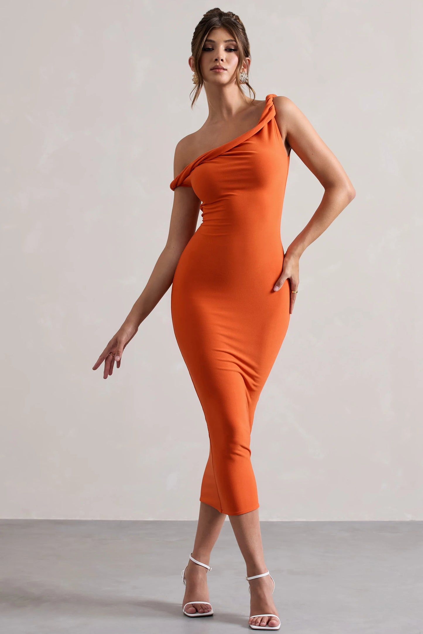 Salome | Orange Twisted Asymmetric Midi Dress