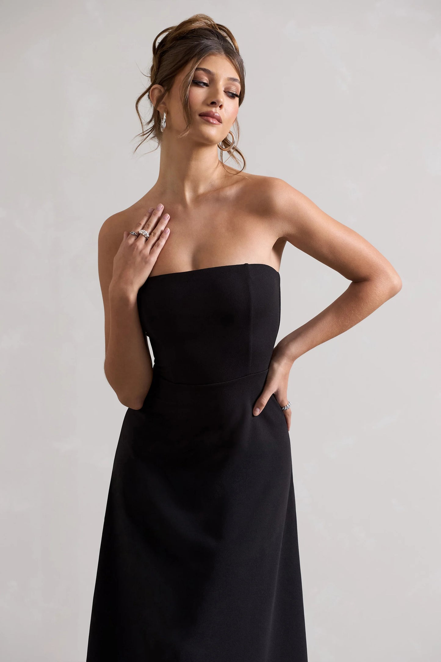 Ariela | Black Bandeau High-Low Midi Dress