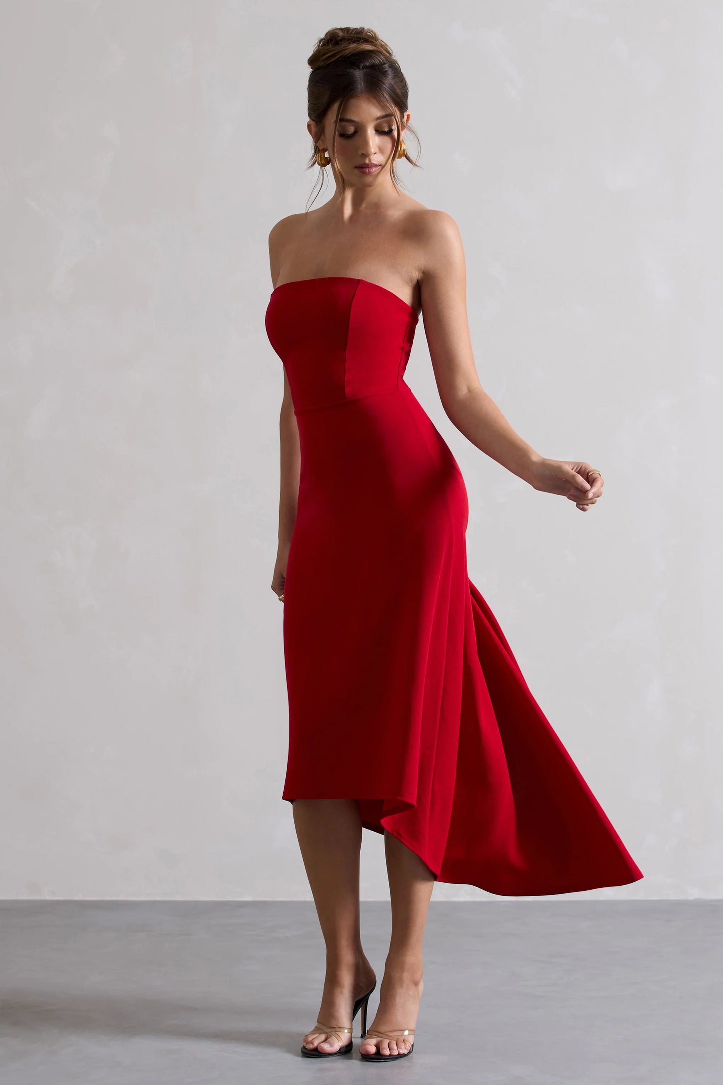 Ariela | Red Bandeau High-Low Midi Dress