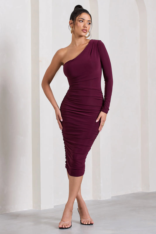 In The Shadows | Burgundy One Sleeve Midi Dress With Ruching