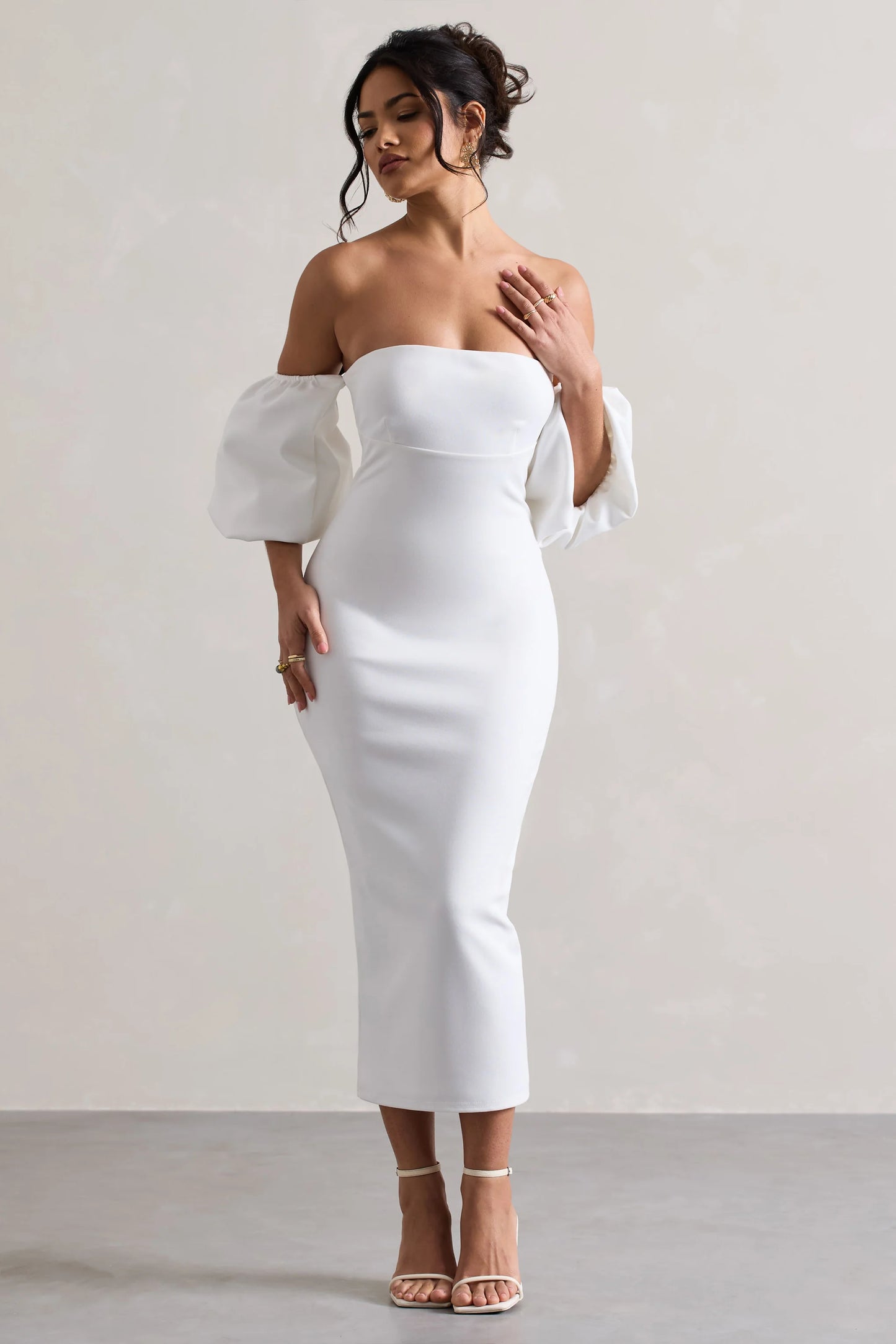 Keira | White Bardot Puff-Sleeve Midi Dress