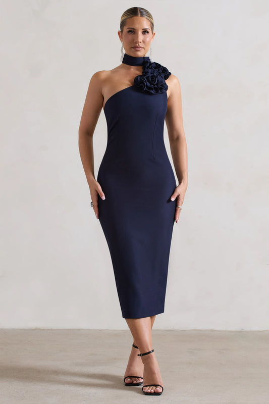 The Soiree | Navy Bodycon Midi Dress With Ruffled Choker