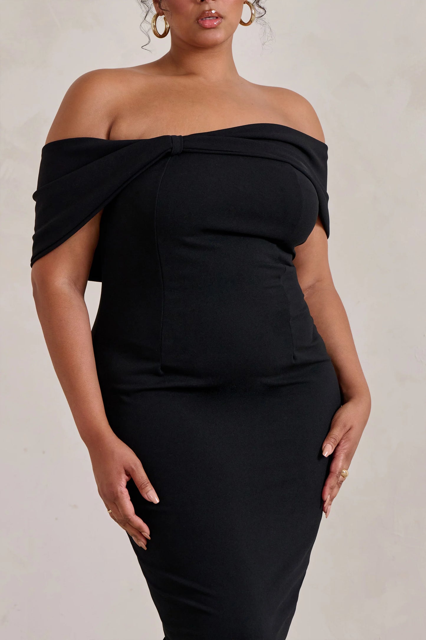 Alyssa | Black Bardot Bow Detail Midi Dress