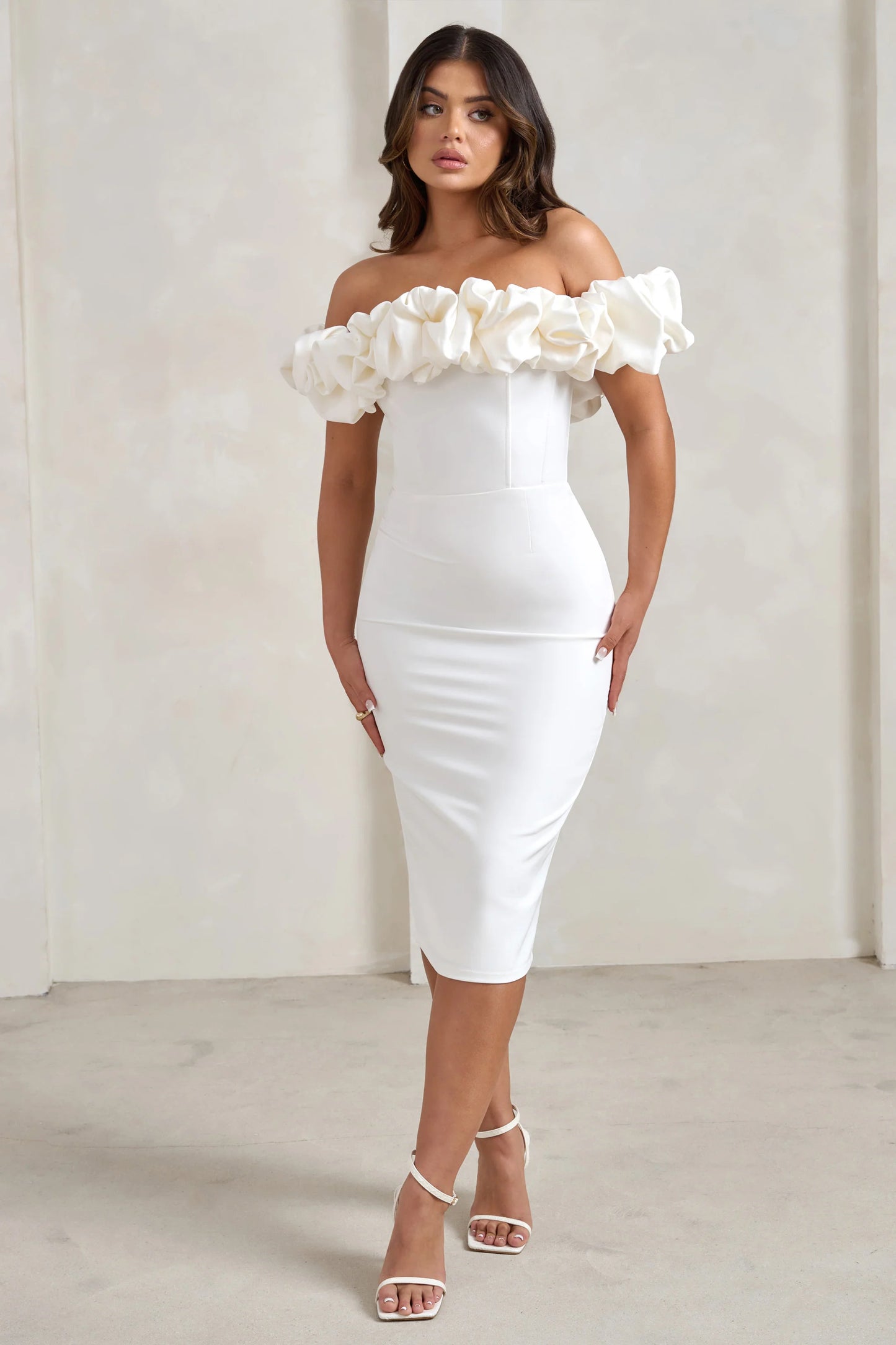 Estie | White Structured Statement Bardot Midi Dress