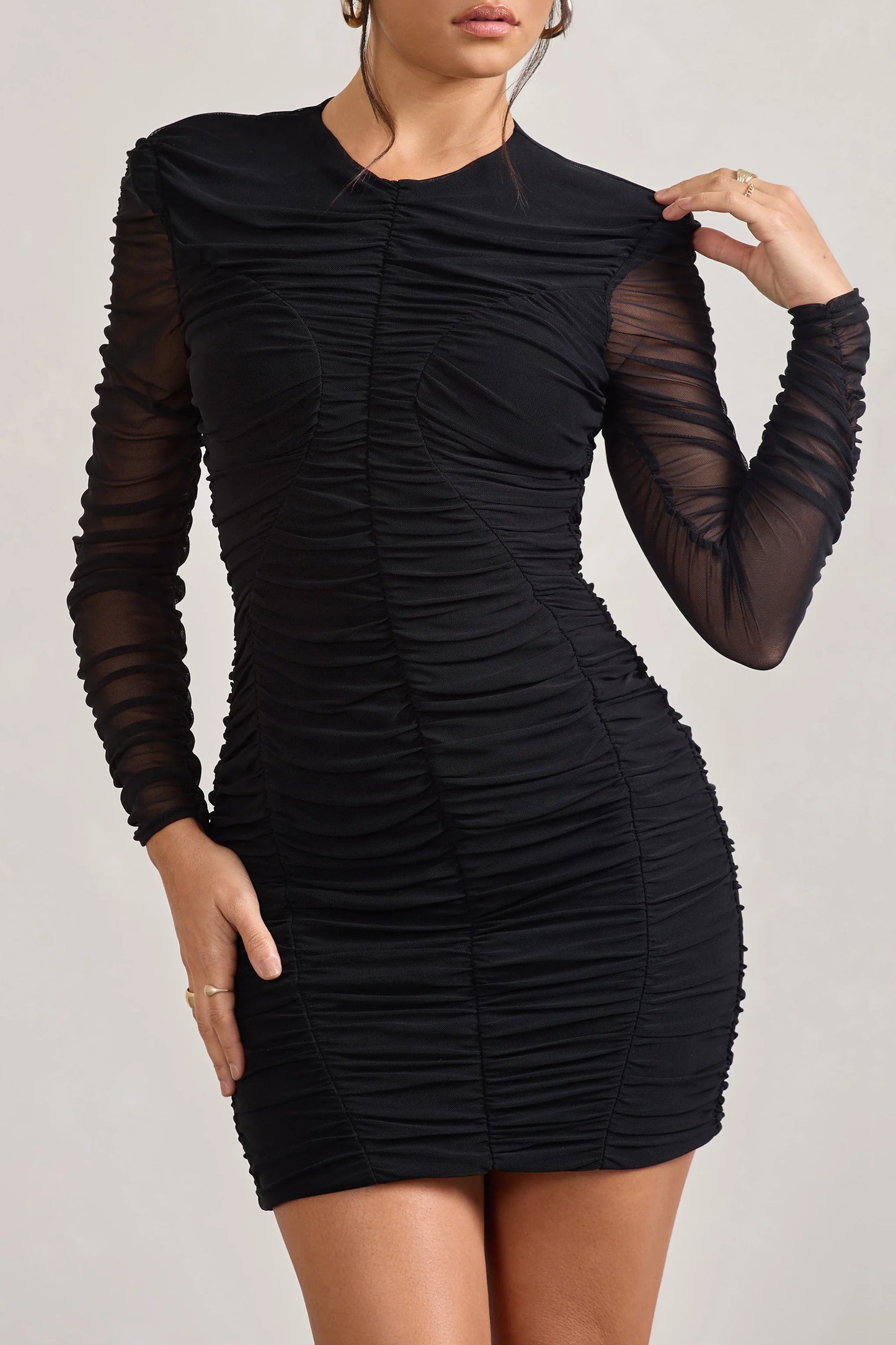 Euphoria | Black Ruched Long Sleeve Mini Dress