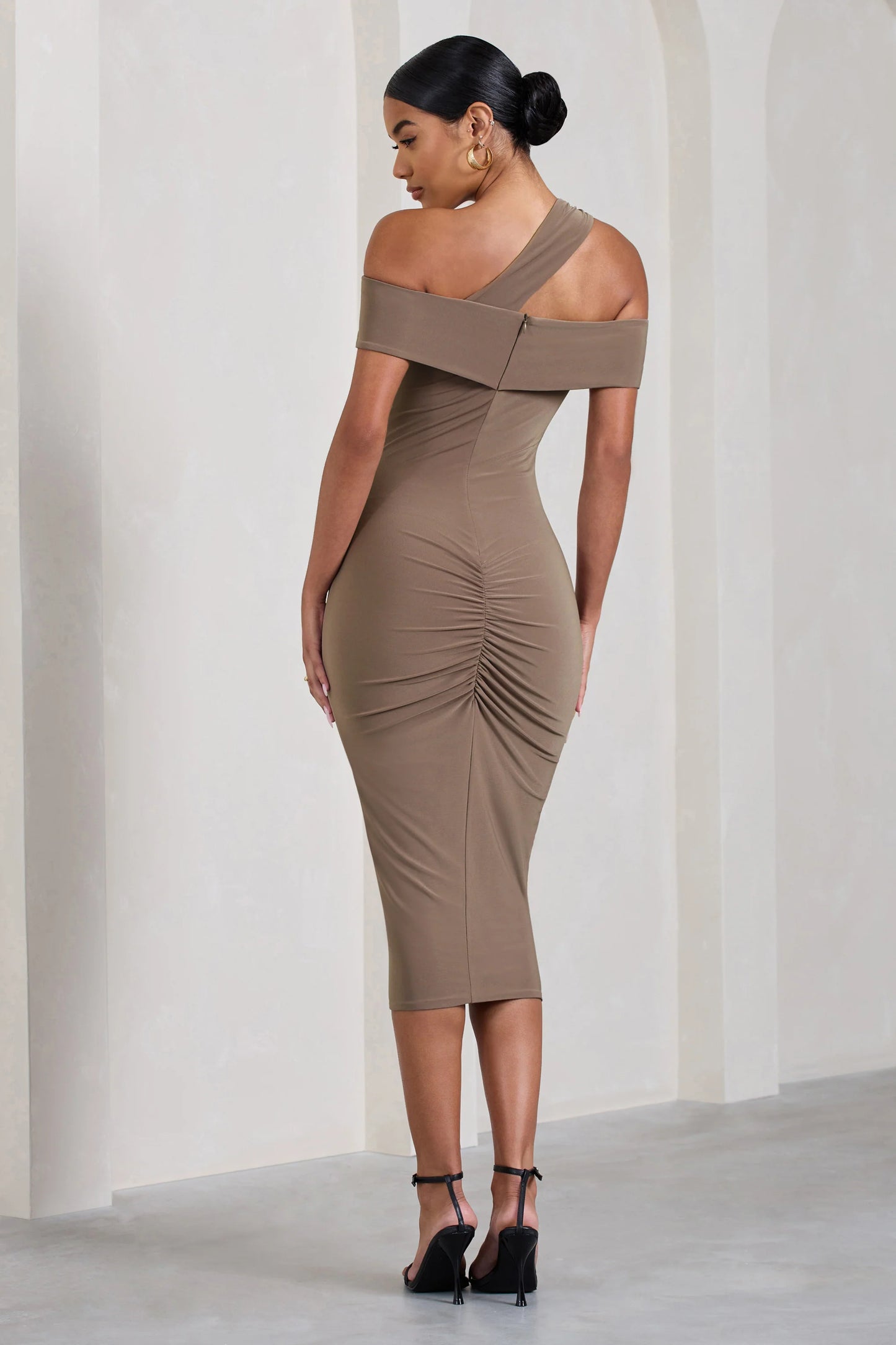 Chain Reaction | Mocha Strappy Asymmetric Bodycon Midi Dress