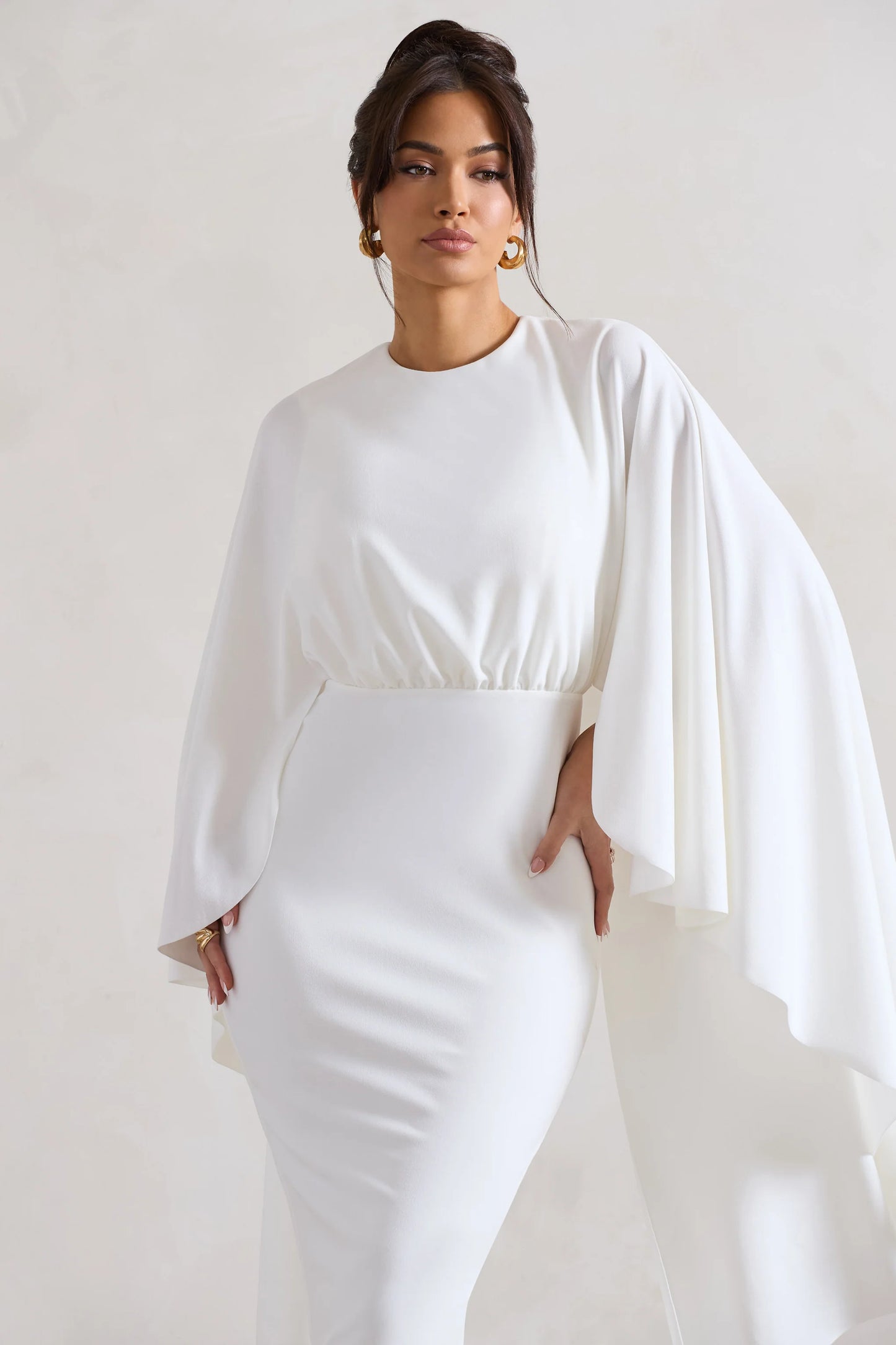 Tranquility | White Gathered Midi Dress With Cape