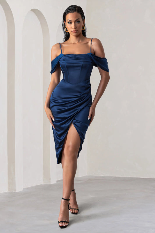 Deserving | Navy Satin Bardot Sleeve Corset Wrap Midi Dress