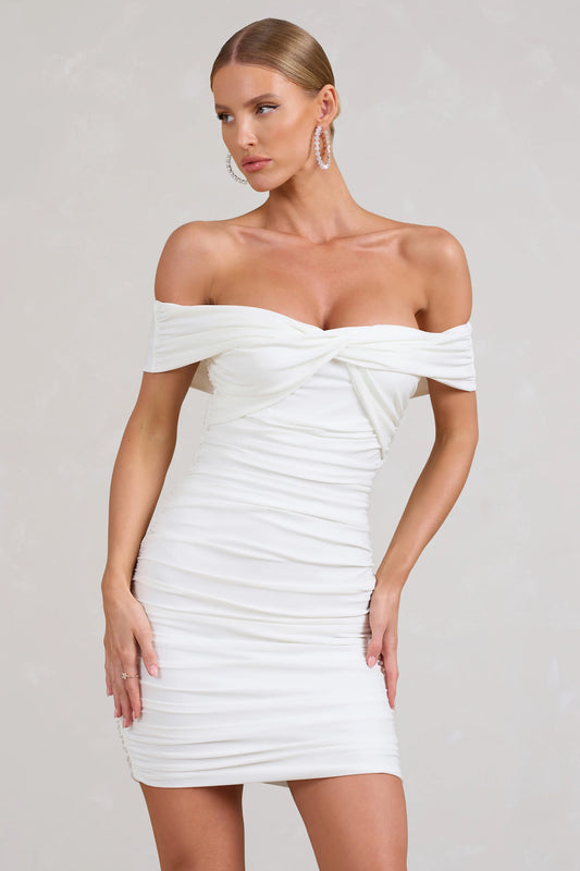 Appreciate | White Off The Shoulder Ruched Mini Dress