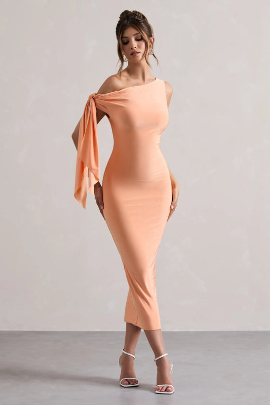 Adapt | Coral Asymmetric Midi Dress With Tie Sleeve