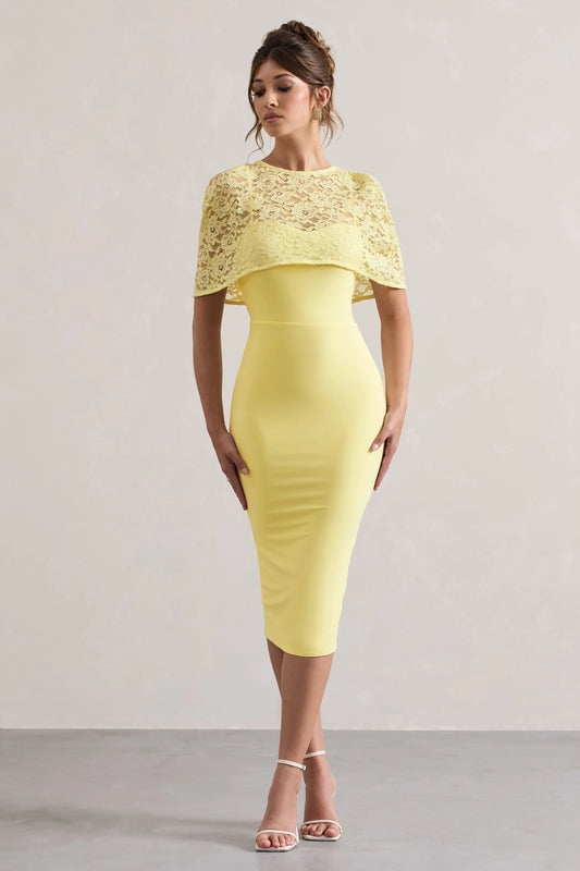 Claudette | Lemon Bodycon Midi Dress With Lace Overlay