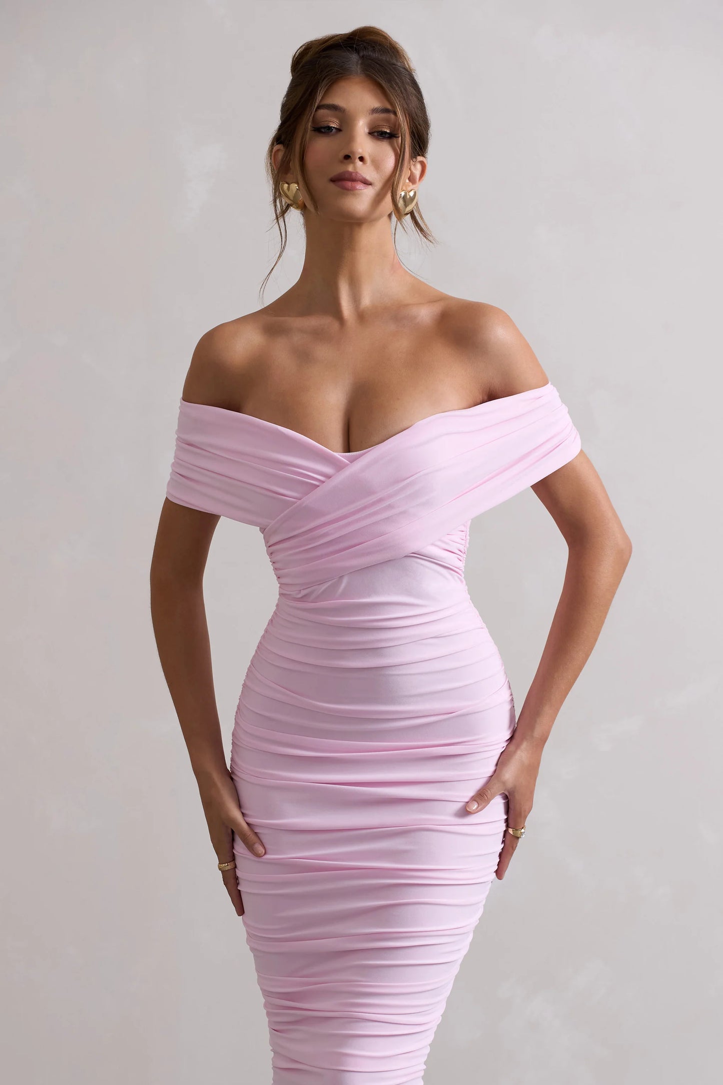 Unwrapped | Pink Ruched Twist Bardot Midi Dress