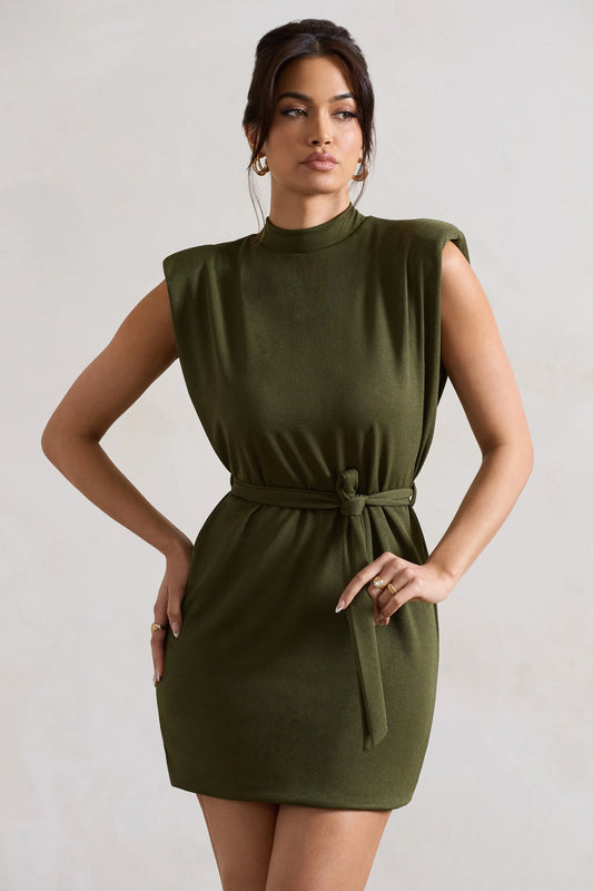 Asher | Olive High-Neck Mini Dress With Tie Waist