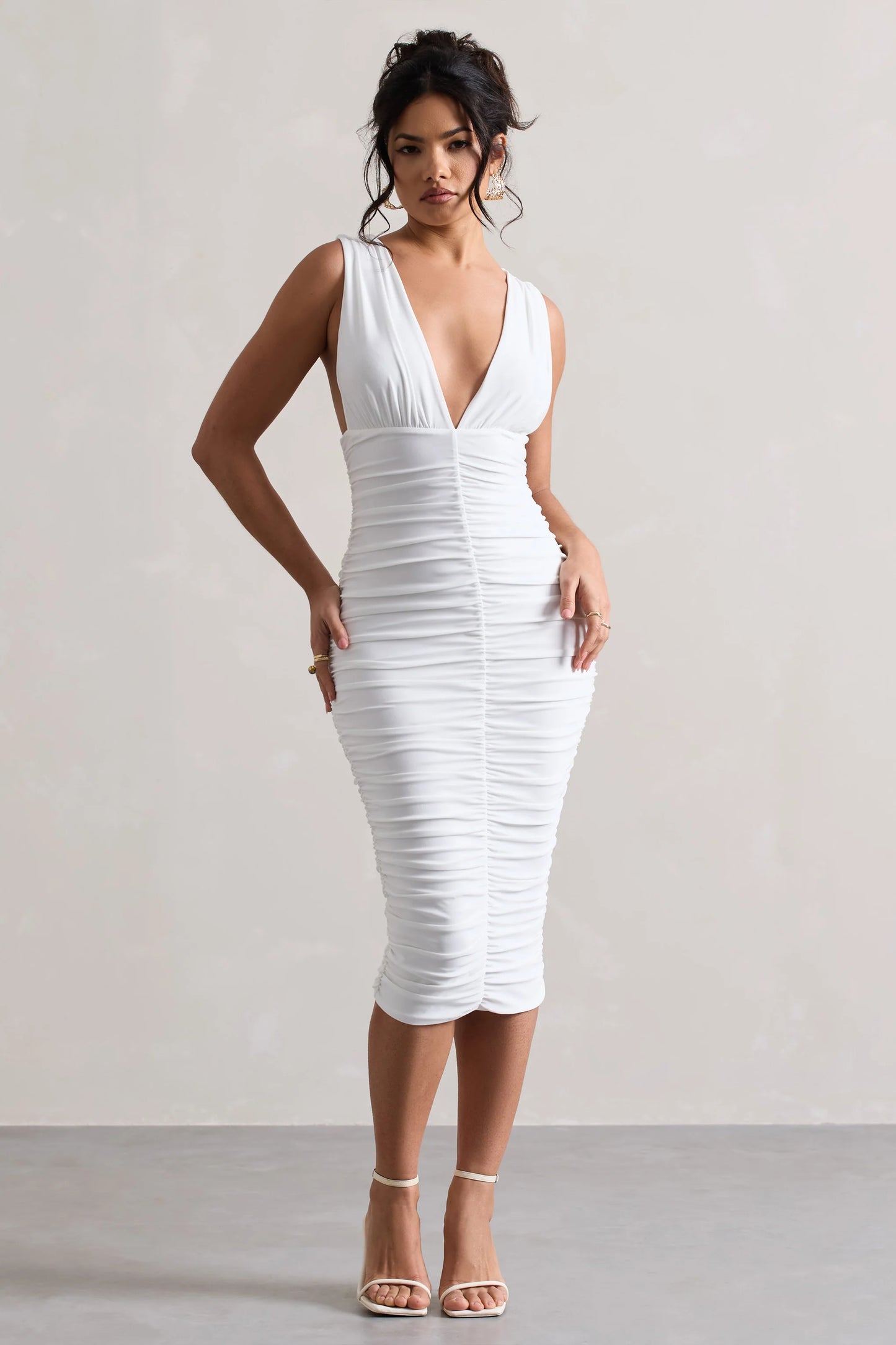 Attract | White Ruched Plunge-Neck Midi Dress