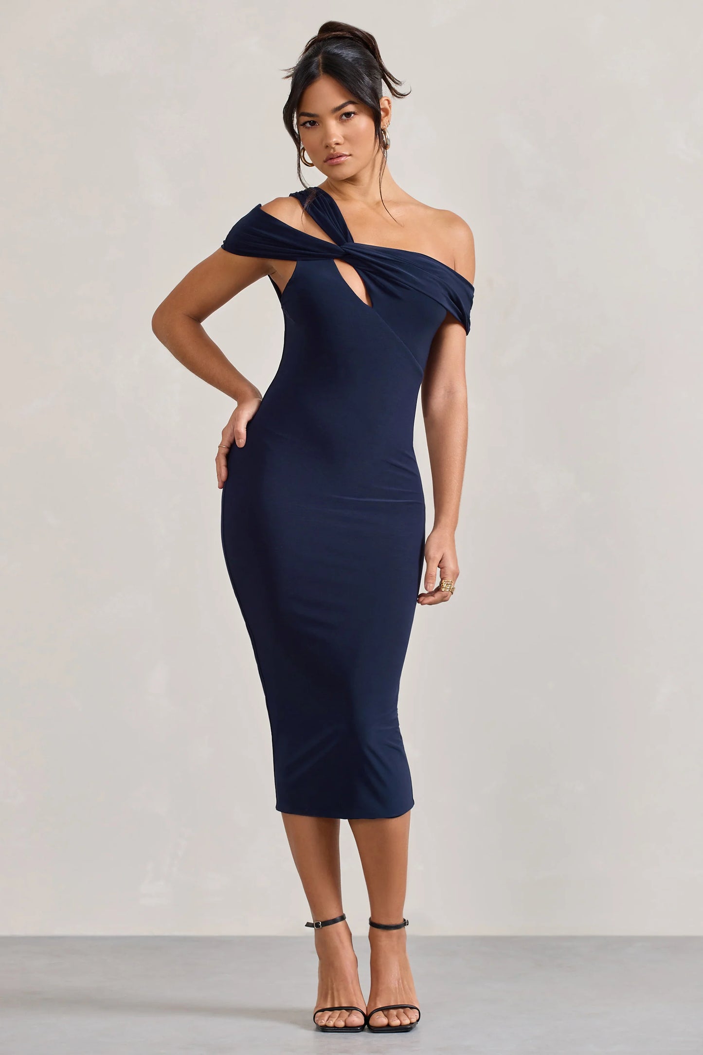 Chain Reaction | Navy Strappy Asymmetric Bodycon Midi Dress