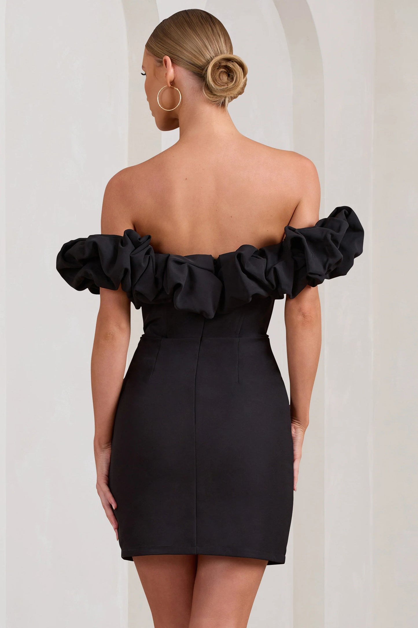 Dawn | Black Ruffled Bardot Mini Dress