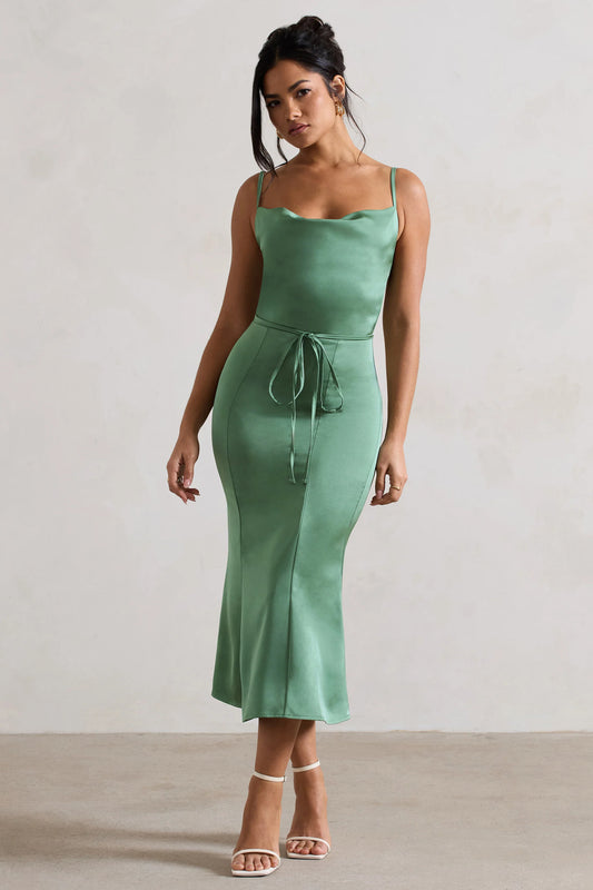 Just A Moment | Soft Green Satin Cowl-Neck Midi Dress With Tie Waist