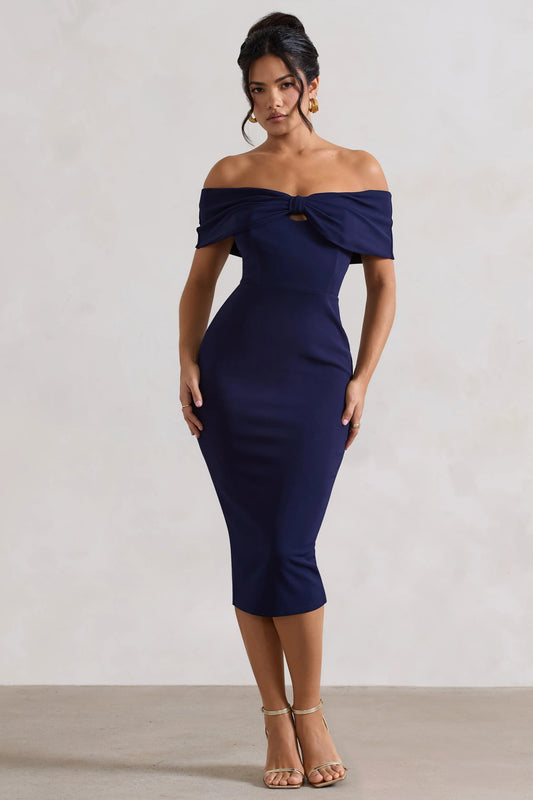 Hope | Navy Bow Bardot Midi Dress