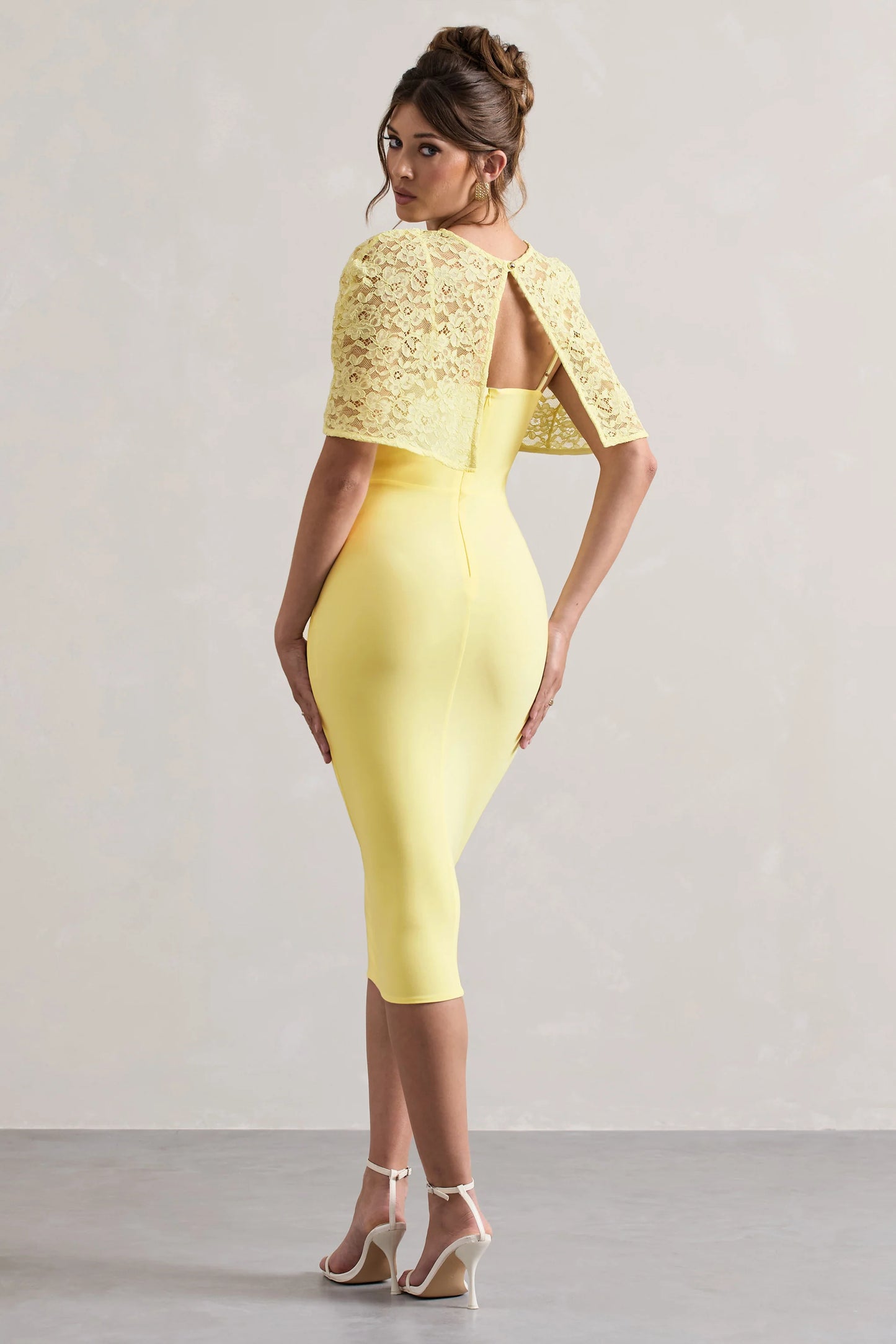 Claudette | Lemon Bodycon Midi Dress With Lace Overlay