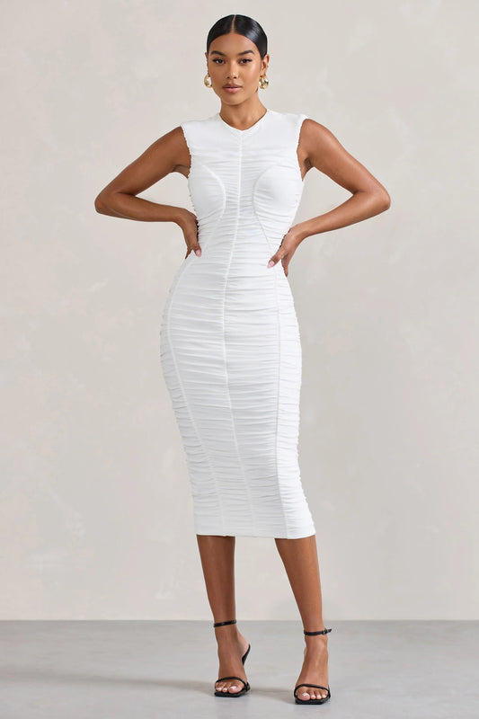 Alight  | White Ruched Mesh Sleeveless Bodycon Midi Dress