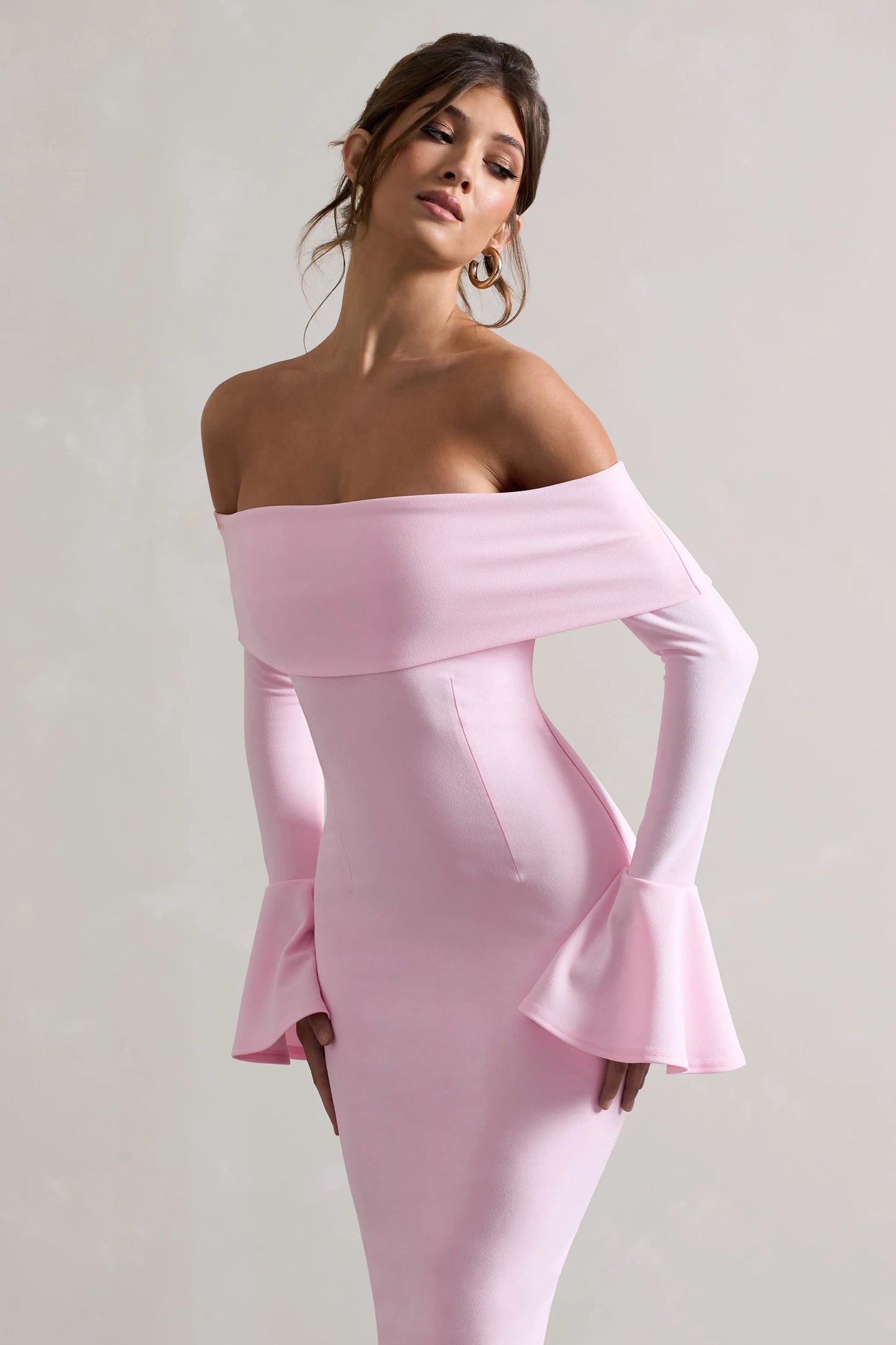 Emma | Pink Bardot Flared-Sleeve Midi Dress