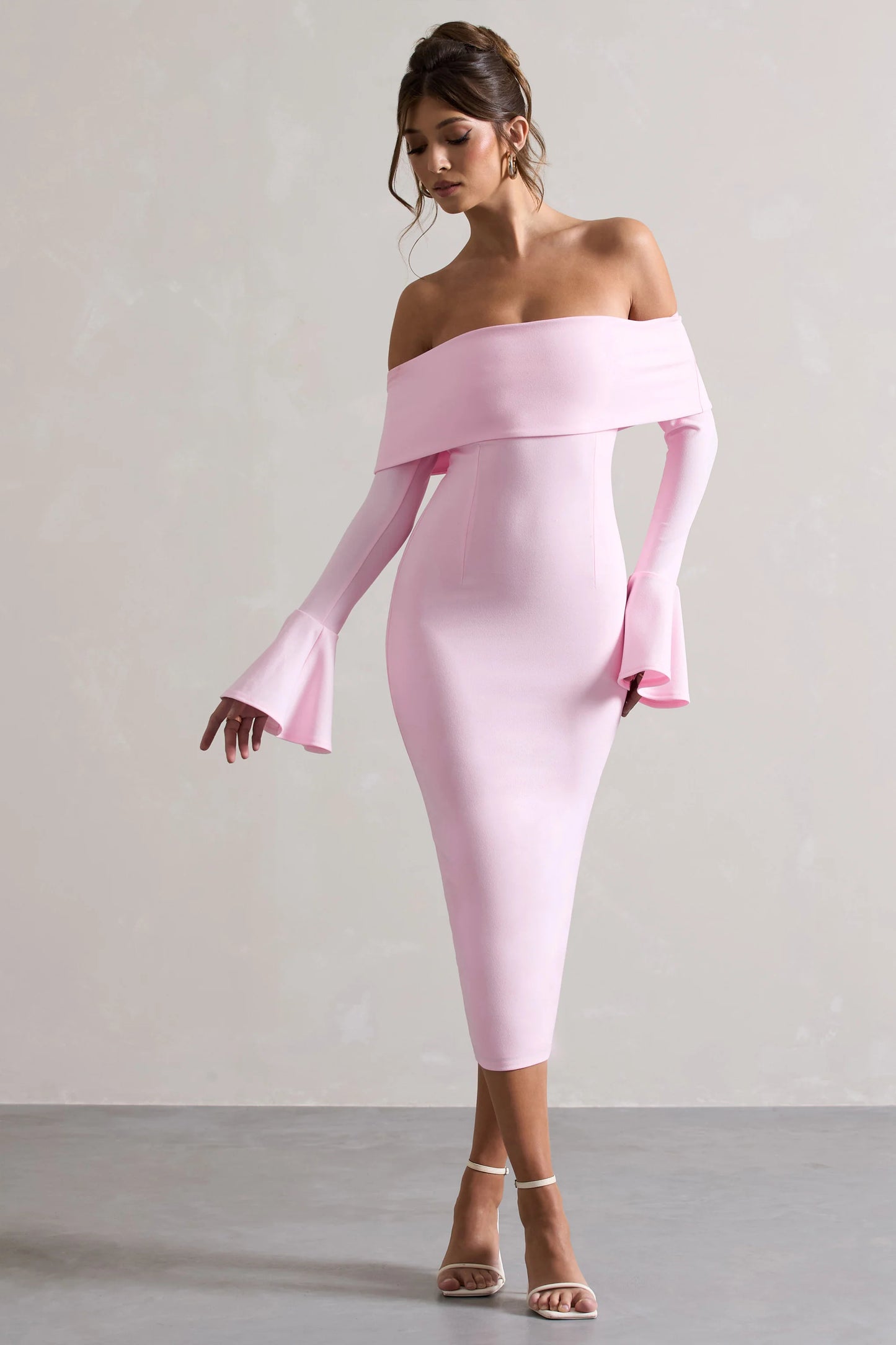 Emma | Pink Bardot Flared-Sleeve Midi Dress