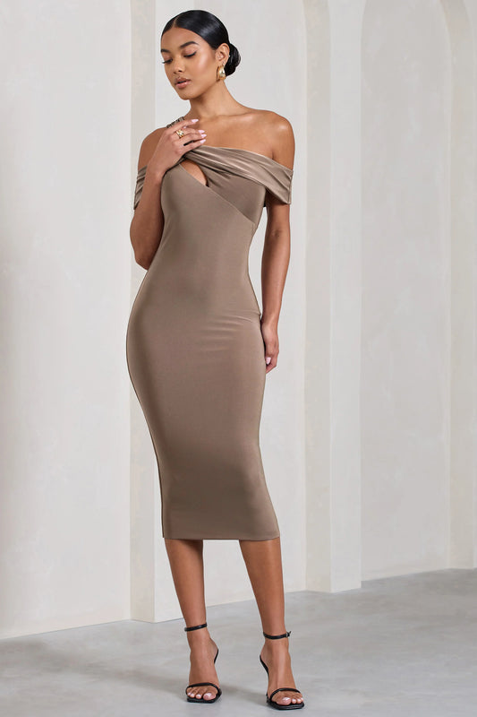 Chain Reaction | Mocha Strappy Asymmetric Bodycon Midi Dress