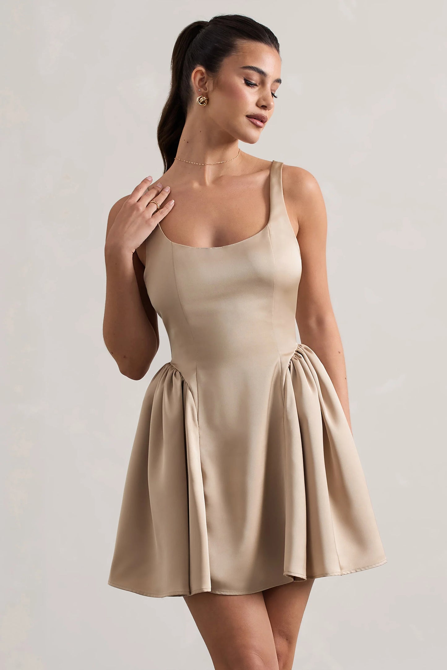 Cyrus | Champagne Satin Scoop-Neck Mini Dress