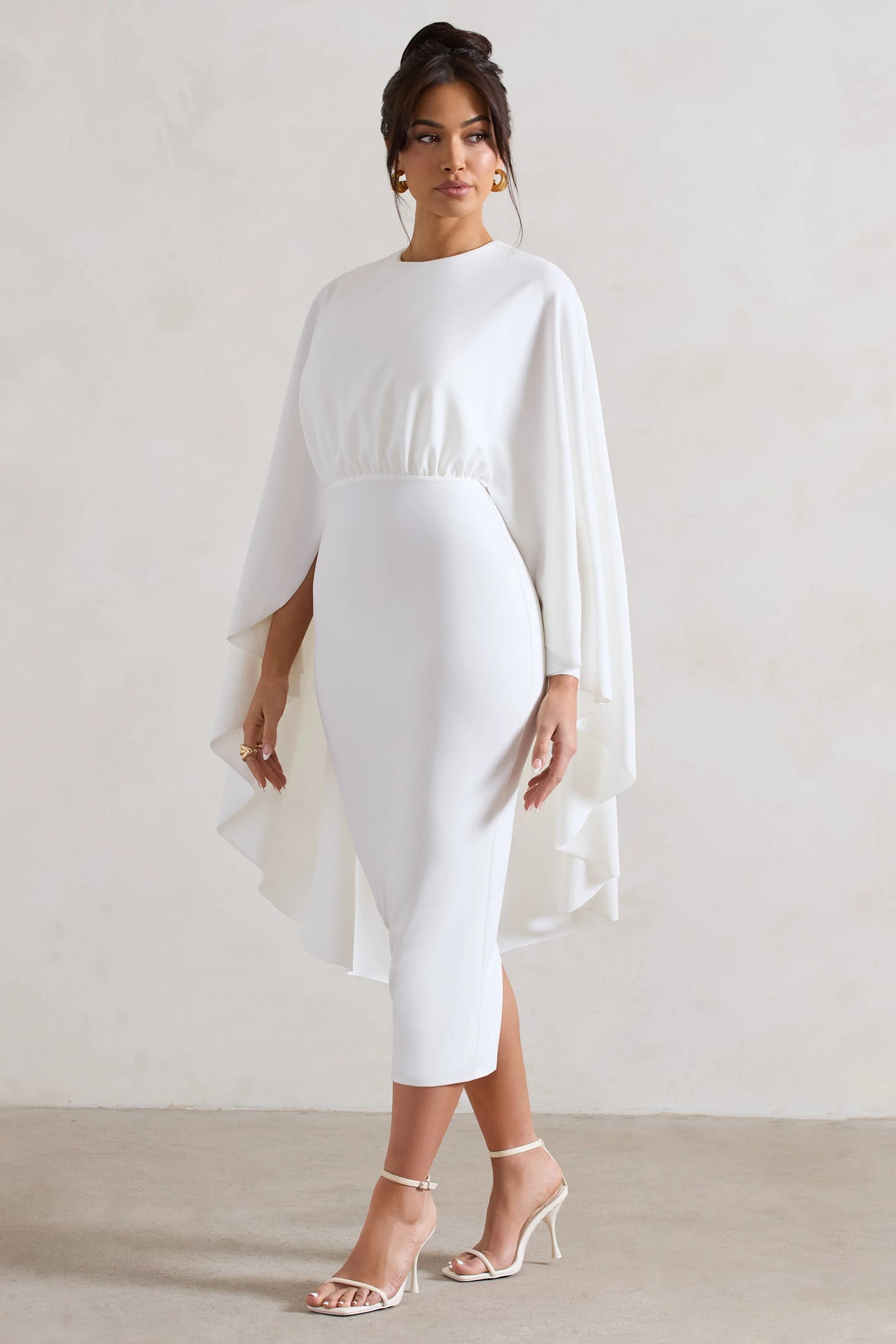 Tranquility | White Gathered Midi Dress With Cape