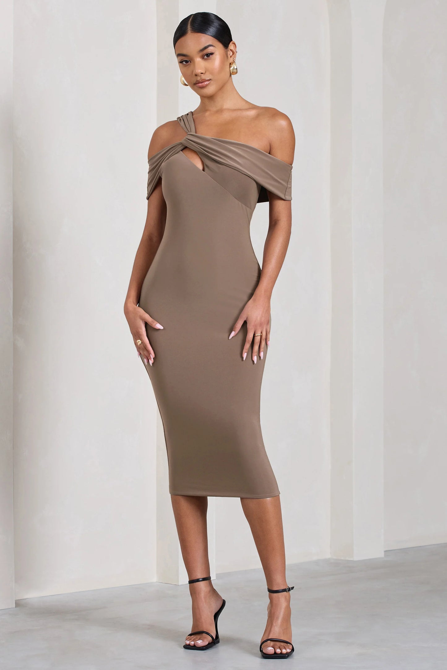 Chain Reaction | Mocha Strappy Asymmetric Bodycon Midi Dress