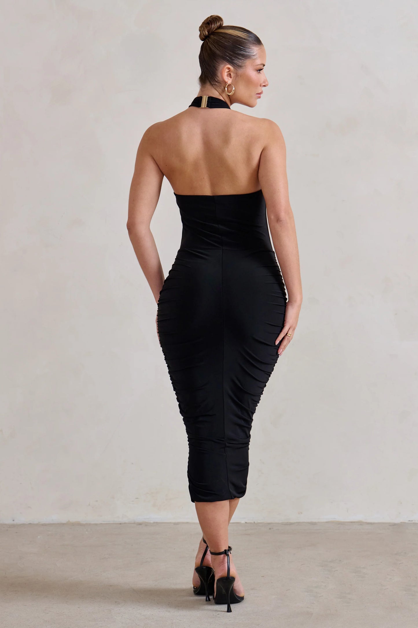 Chrissy | Black Halterneck Ruched Midi Dress