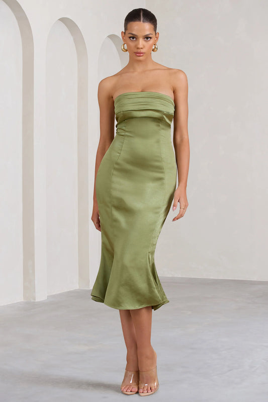 Sauvignon | Olive Satin Bandeau Midi Dress With Cowl Back