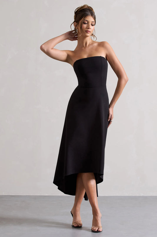 Ariela | Black Bandeau High-Low Midi Dress