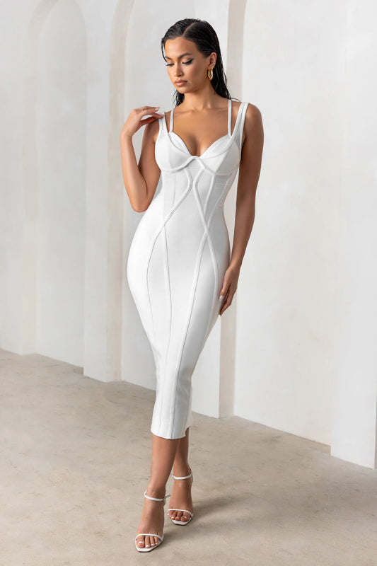 Just For Me | White Bandage Sweetheart Neckline Bodycon Midi Dress