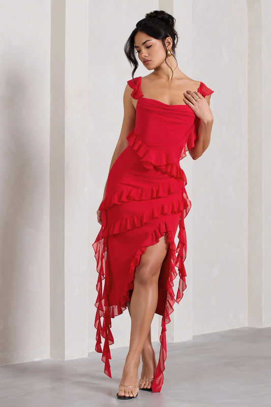 Havana Heat | Red Cowl Ruffle Chiffon Midi Dress