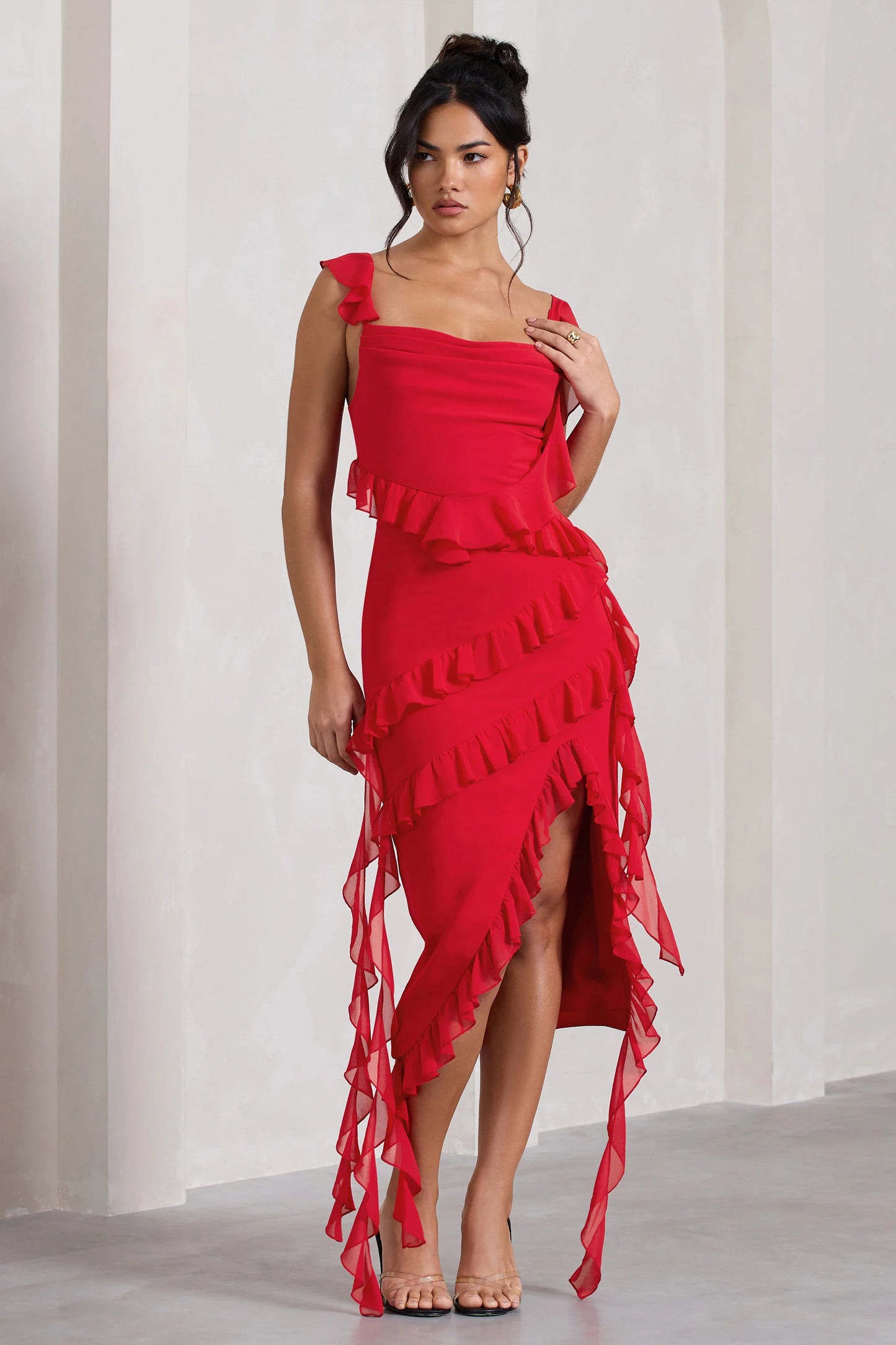 Havana Heat | Red Cowl Ruffle Chiffon Midi Dress