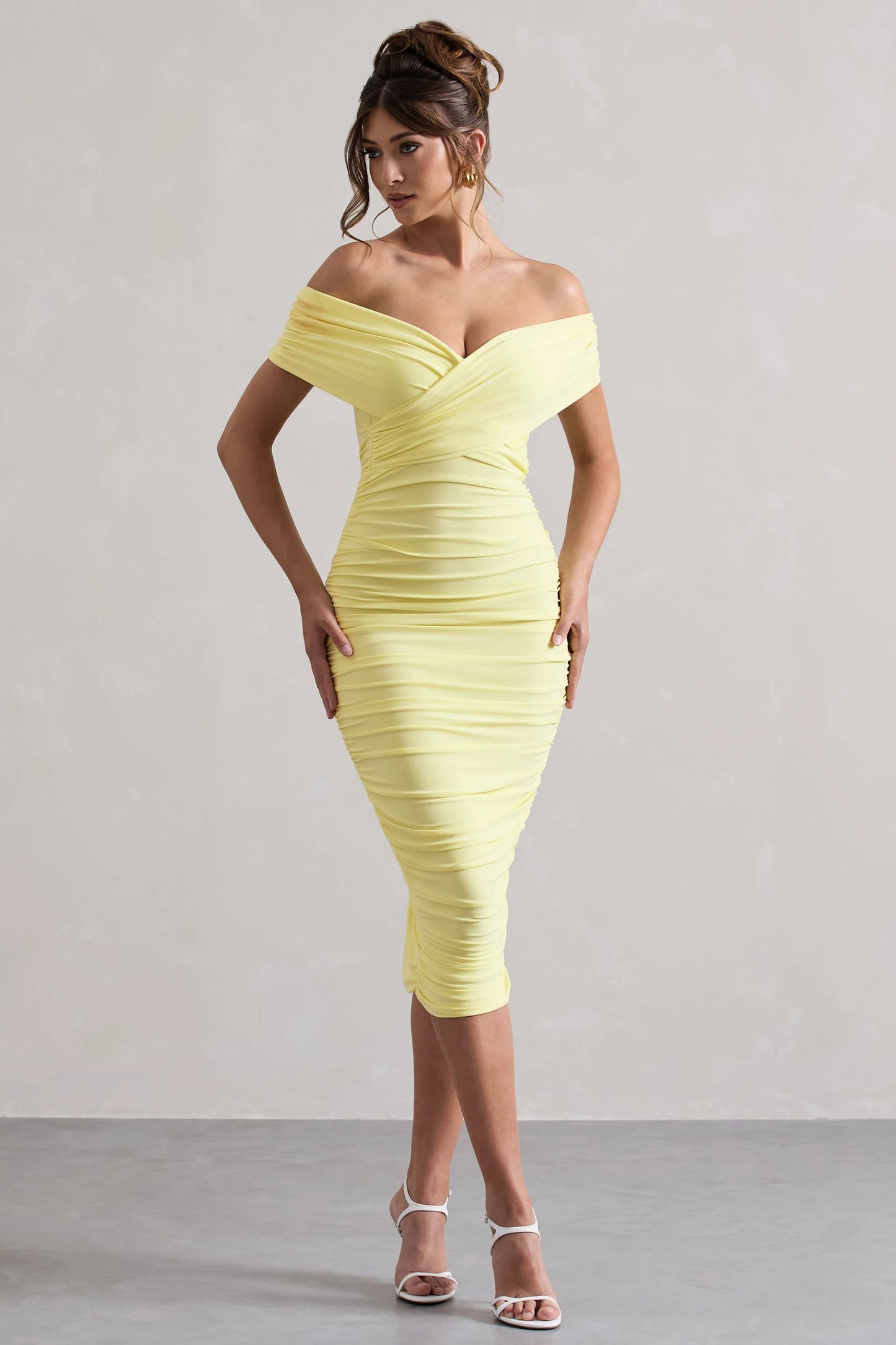 Unwrapped | Lemon Ruched Twist Bardot Midi Dress