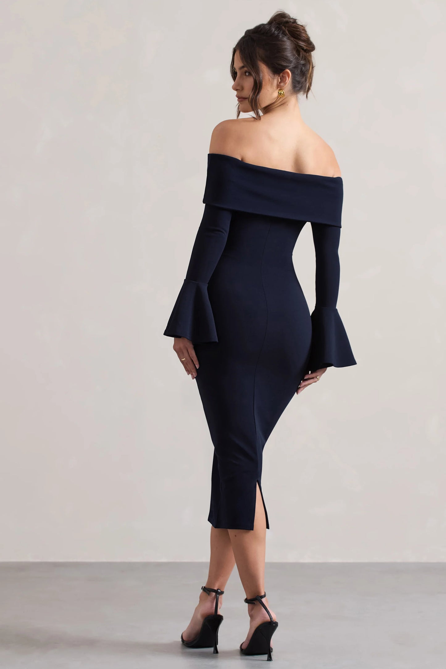 Emma | Navy Bardot Flared-Sleeve Midi Dress