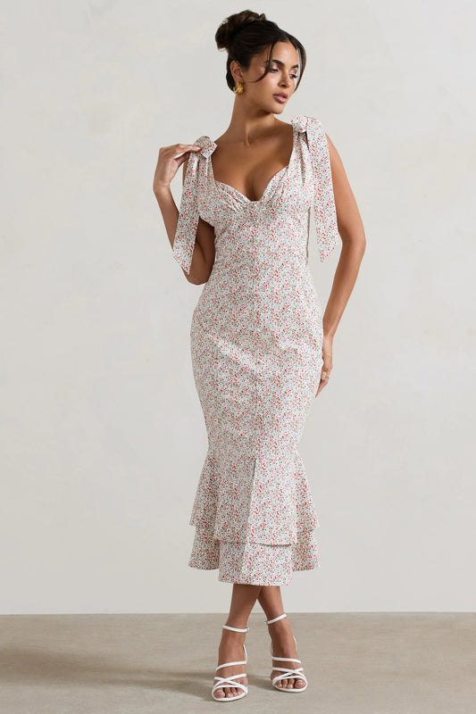 Caserta | White & Red Floral Buttoned Midi Dress With Flared Hem