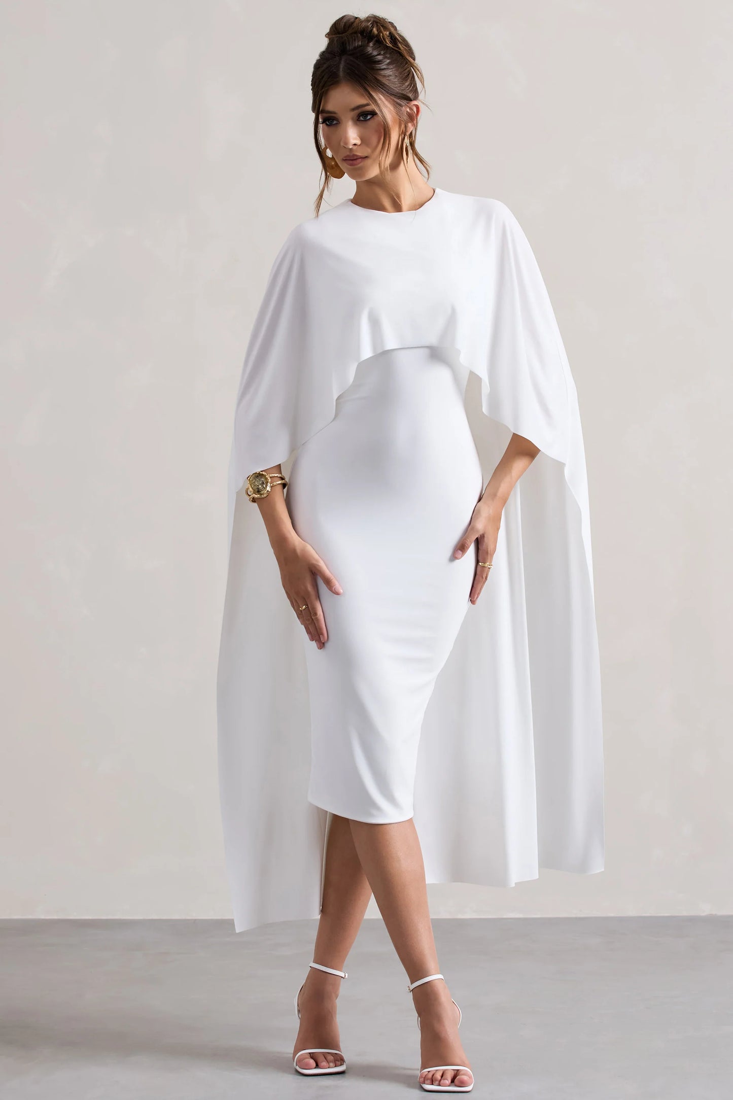 Vana | White Draped Midi Dress With Cape Sleeves