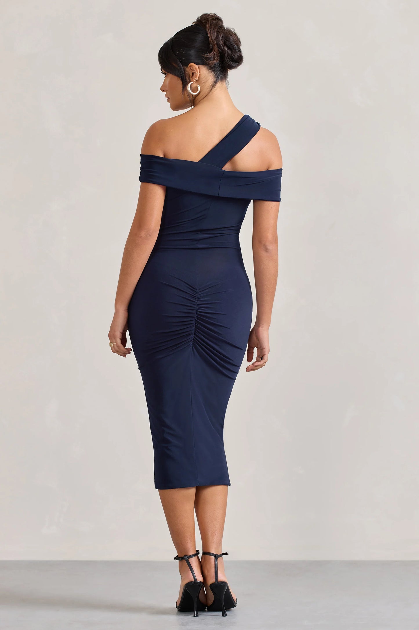 Chain Reaction | Navy Strappy Asymmetric Bodycon Midi Dress