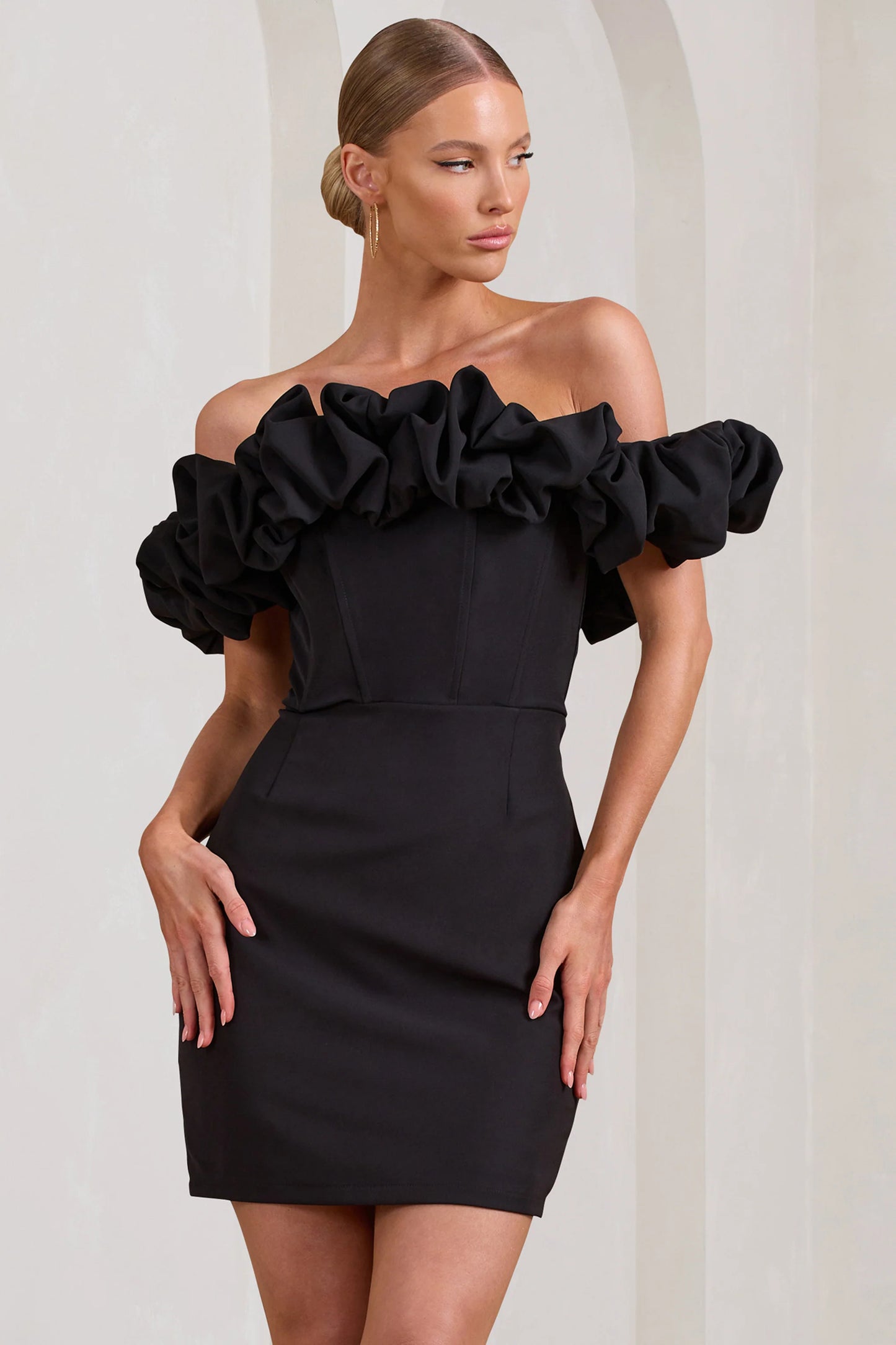 Dawn | Black Ruffled Bardot Mini Dress