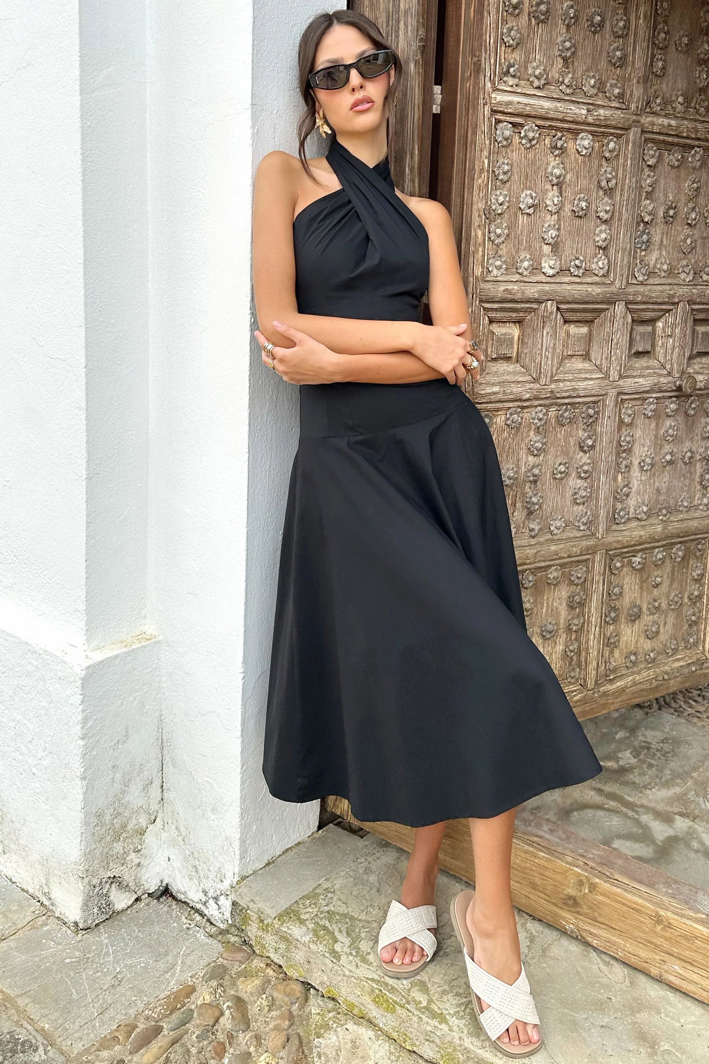 Saint-Malo | Black Halter-Neck Midi Dress