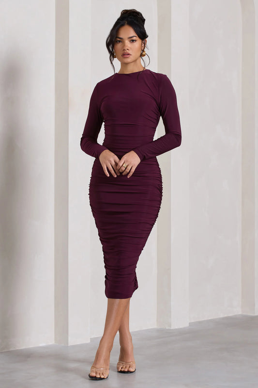 Emilie | Plum Ruched Long-Sleeve Midi Dress